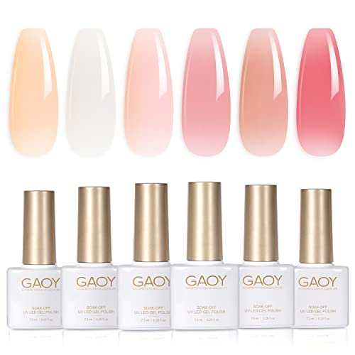 GAOY Milky White Jelly Nude Gel Nail Polish Set, 6 Transparent Colors Sheer Pink Orange Soak Off UV Light Cure Gel Polish