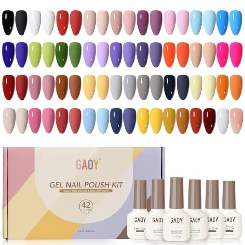 GAOY 42 Pcs Gel Nail Polish Kit, Pink White Red Jelly Nude Colors All Seasons Gel Nail Polish Set with Glossy & Matte Top