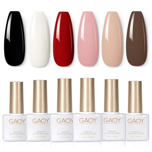 GAOY White Red Black Gel Nail Polish Set, 6 Colors Brown Pink Nude Soak Off UV Light Cure Gel Polish Kit for Salon and Nail