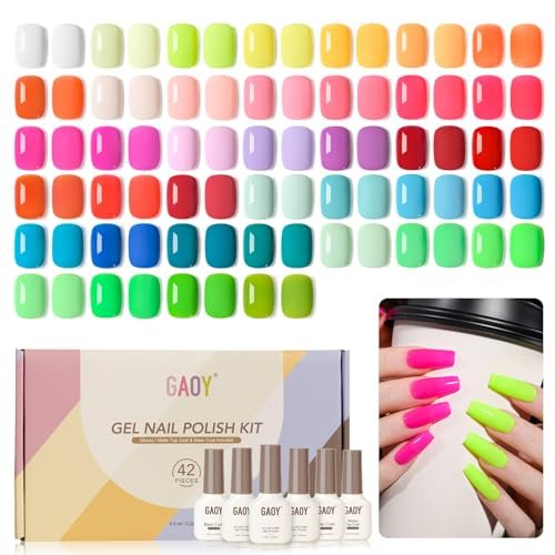 GAOY 42 Pcs Gel Nail Polish Kit, Neon Summer Bright Pink Orange Coral Green Colors Gel Nail Polish Set with Glossy & Matte