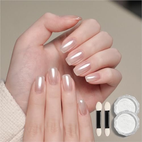 GAOY White Pearl Chrome Nail Powder, 2Pcs Mirror Effect Shimmer Glitter Pigment for Mermaid Aurora Nail Art, Iridescent
