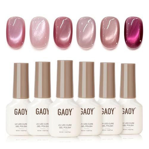 GAOY Pink Cat Eye Gel Nail Polish Set with Magnet 6 Colors, Holography for Valentine's Date Night Nails, Sweet & Spicy DIY