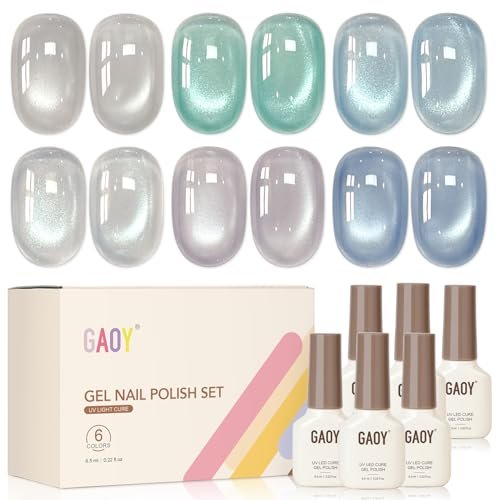 GAOY Cat Eye Gel Nail Polish Set with Magnet, 6Pcs Silver Blue Green Icy Summer Holographic Cat Eye, Reflective Translucent
