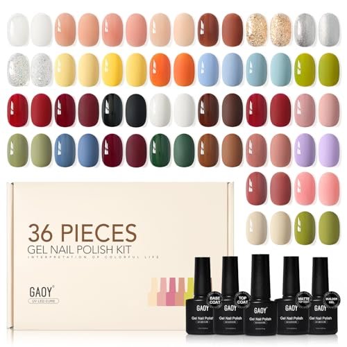 GAOY 36 Pcs Gel Nail Polish Set, 32 Colors All Season Gel Polish Kit Red Black White Nude Glitter with 4 Pcs Soak off Base