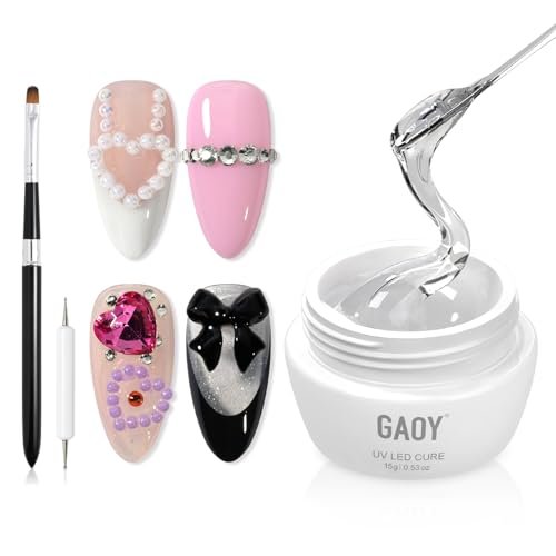GAOY Nail Rhinestone Glue Gel 15ml, Super Strong UV Nail Glue with Brush and Double-Ended Dotting Pen for Gems, Charms
