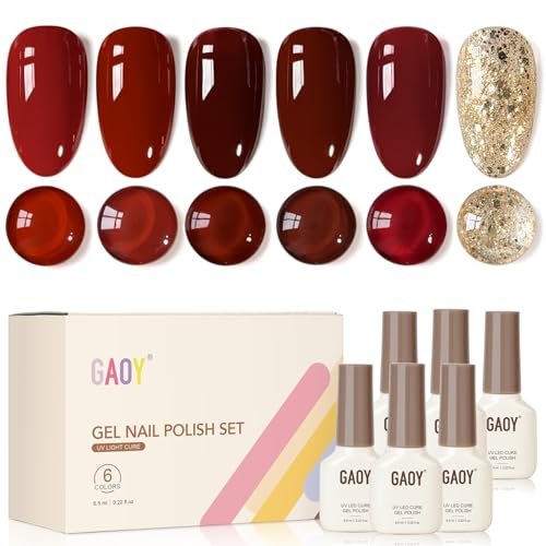 GAOY Burgundy Red Gel Nail Polish Set, 6 Colors Dark Ruby Wine Gold Scarlet for Christmas Holiday, Soak Off UV Gel Polish