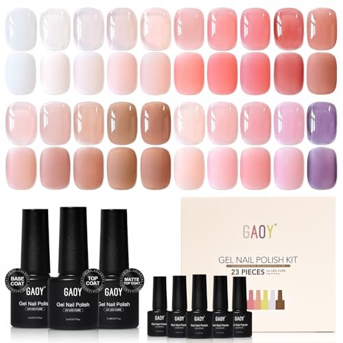 GAOY 23 Pcs Gel Nail Polish Set, Spring Jelly Nude Neutral Colors, 20 Sheer Pink Milky Transparent Shades with Base, Glossy