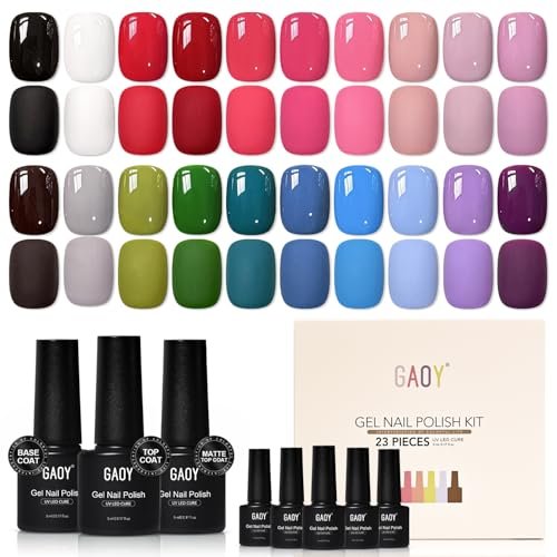 GAOY 23 Pcs Gel Nail Polish Set, 20 Colors Gel Polish Kit Red Black White Blue Purple with 3 Pcs Soak off Base Glossy Matte
