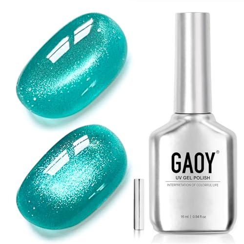 GAOY Blue Green Cat Eye Gel Nail Polish, 16ml Holographic Glitter Gel with Magnet, Reflective Translucent UV Light Cure for
