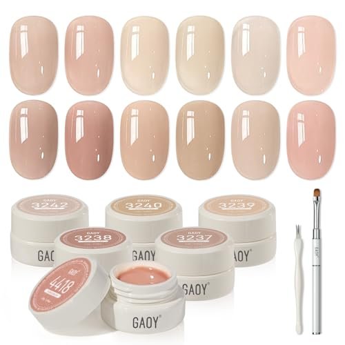 GAOY Jelly Gel Nail Polish Kit with Brush, 6 Sheer Milky Nude Pink Colors, Patting Gel Polish Set, Buildable Translucent