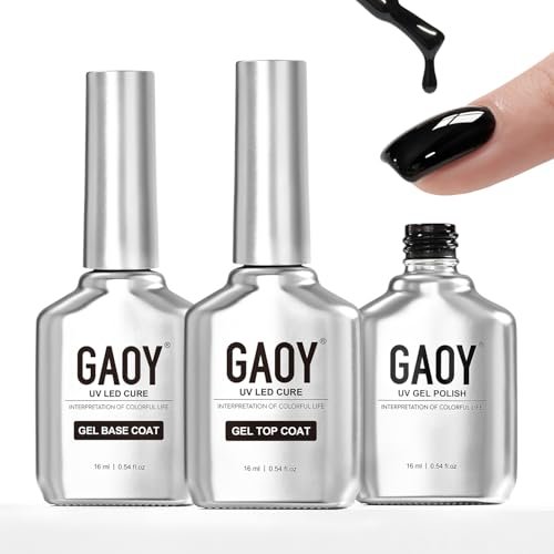 GAOY Gel Top Coat, Base Coat and 1001 Black Gel Polish Set, 3 Pcs 16ml Clear Glossy No Wipe Combination and Color for UV