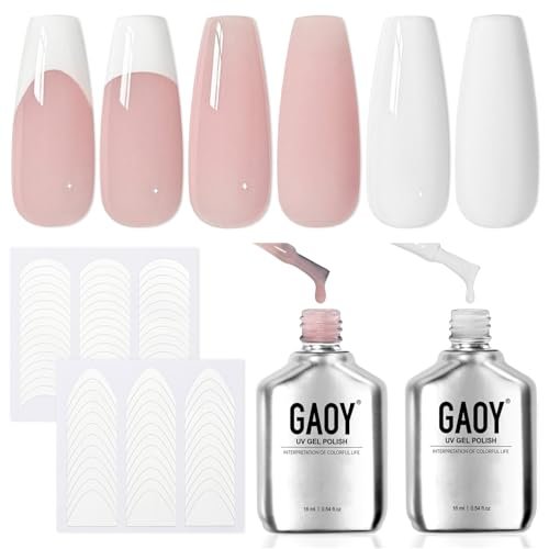 GAOY French Tip Gel Polish Set, 2Pcs Gel Nail Polish and 2 Styles Classic French Nail Art Stickers, Include Nude Jelly Pink